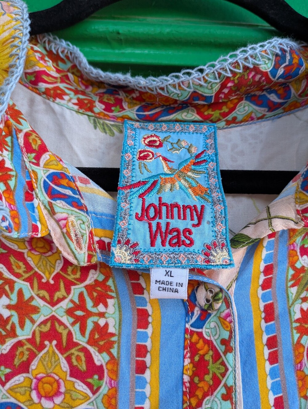 Johnny Was Floral Button Down Collarless Long Tunic Top With Crochet Edging XL - Picture 3 of 5